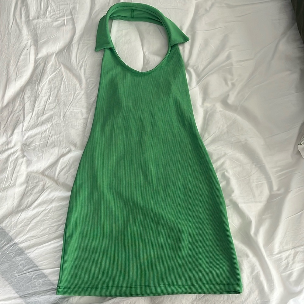 Green halter neck ribbed polo dress